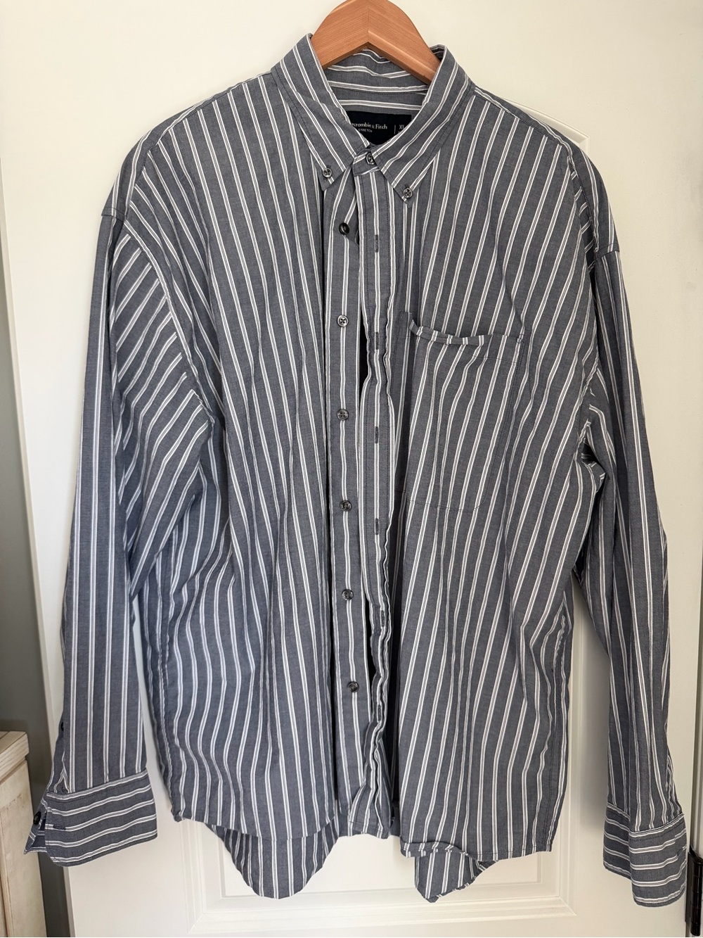 Abercrombie & Fitch Navy-Gray and White Vertical Stripe Button-Down Shirt